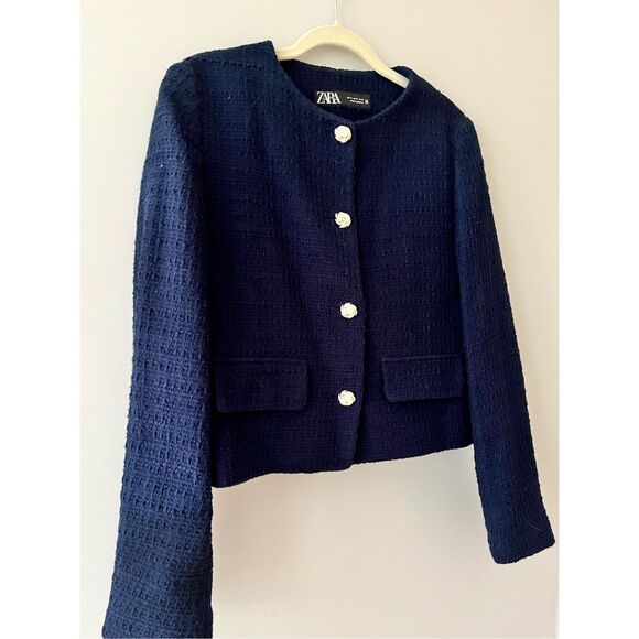 NWT Zara navy structured tweed blazer size M - Picture 3 of 5
